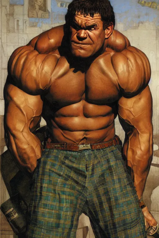 Image similar to upper body and head portrait of huge hulking absurdly muscular jocko willink as marvel character wearing plaid shirt and pants against simple background by alex ross and lawrence alma tadema and norman rockwell and greg staples, high detail