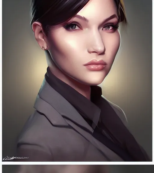 Prompt: a digital painting of a woman in a suit, a character portrait by artgerm, trending on artstation, fantasy art, ilya kuvshinov, artstation hd, artstation hq.