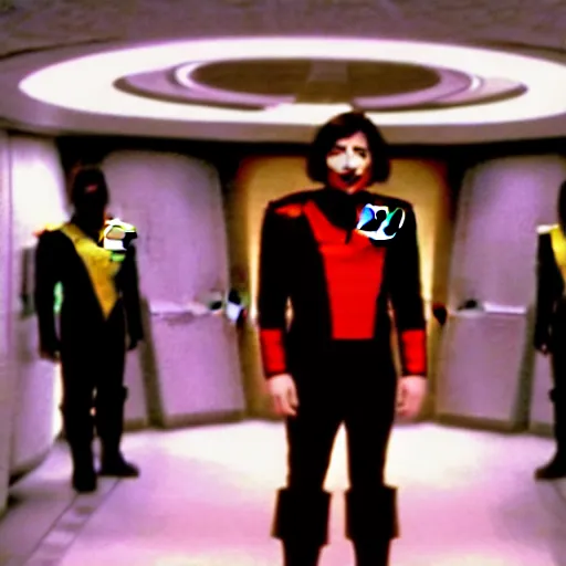 Image similar to a Klingon standing in a Star Trek Federation hallway