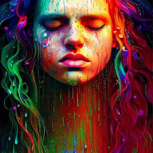 Image similar to portrait of girl in colored psychedelic rain with wet hair and face, fantasy, intricate, elegant, dramatic lighting, elated emotion, highly detailed, lifelike, photorealistic, digital painting, artstation, concept art, smooth, sharp focus, illustration, art by John Collier and Albert Aublet and Krenz Cushart and Artem Demura and Alphonse Mucha