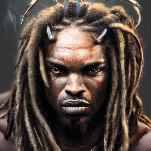 Image similar to A frontal portrait of The Predator with dreadlocks, by dreadjim, Greg Rutkowski, james gurney, epic scifi character art, Exquisite detail, post-processing, low angle view, masterpiece, cinematic