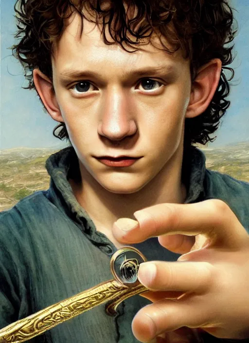 Image similar to portrait of tom holland as frodo, hobbit holding a gold ring with engravings, by alan lee, lord of the rings, smooth, detailed terrain, oil painting, matte painting, concept art, trending on artstation, promotional artwork, film still, elegant, photorealistic facial features, intricate, detailed face, cinematic lighting