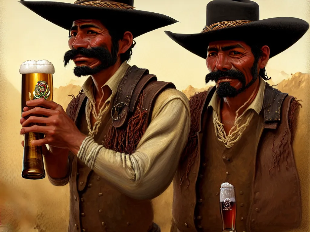 Prompt: juan caloto beer illustration of a mexican man,, with one small, dirt, wild west, with hat, drinking a beer at train station, fantasy, intricate, elegant, highly detailed, digital painting, artstation, concept art, matte, sharp focus, art by aenaluck and roberto ferri and greg rutkowski, epic, missing teeth [