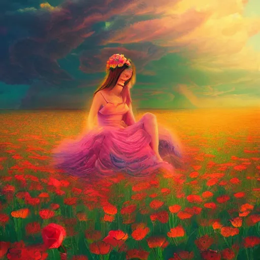 Image similar to giant rose flower head, full body girl sitting in a flower field, surreal photography, sunrise, dramatic light, impressionist painting, colorful clouds, digital painting, artstation, simon stalenhag