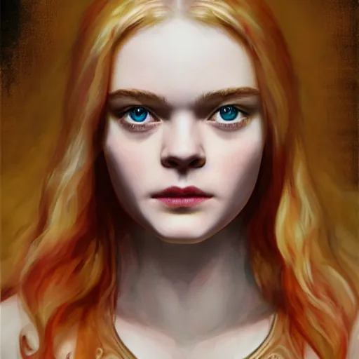 Image similar to Elle Fanning in the painted world of Dark Souls, head and shoulders masterpiece, apocalypse, golden hour, cosmic horror, artstation, in the style of De Stijl, extremely detailed