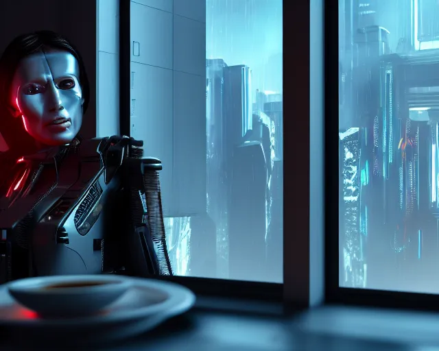 Image similar to a terminator cyborg lady with borg implants and optical fibers is drinking coffee near a window with dystopian city visible outside. very detailed 8 k. cyberpunk style. unreal engine render. global illumination. nanite. rtx. path tracing.