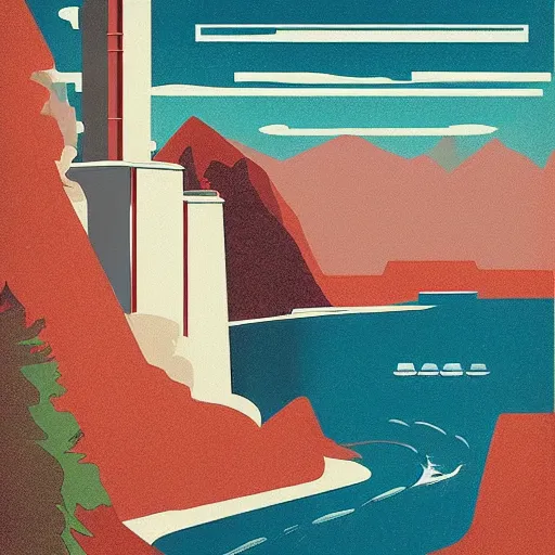 Prompt: a vintage travel poster for Onkalo Deep Geological Repository for Spent Nuclear Fuel, retro, art deco, minimal, colourful, tourism, etsy, artstation