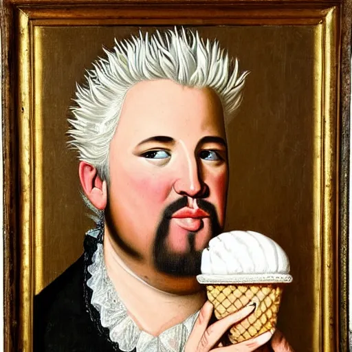 Prompt: a 1 6 0 0 s portrait painting of guy fieri holding an ice cream cone, intricate, elegant, highly detailed
