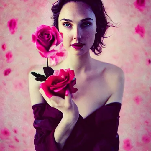 Prompt: fine art photo of the beauty gal gadot, she is merging from pink roses, taken by oleg oprisco