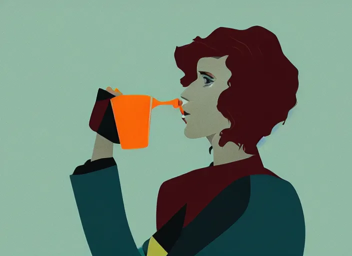 Image similar to portrait of a heroine drinking coffee,vivid, Mads Berg, Karolis Strautniekas, dramatic lighting,film grain, editorial illustration, detailed, gradation, dynamic composition,moody, cinematic,extreme perspective,bright colors, art deco illustration