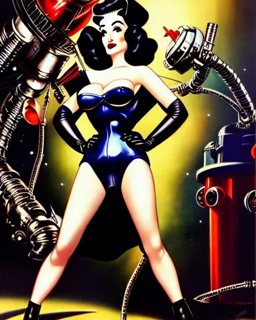 Image similar to closeup beautiful retro space dita von teese posing with a chrome robot in dieselpunk city at night, pinup, windblown dark hair, seductive, hyper detailed, digital art, smooth, sharp focus, luis royo, gil elvgren, alberto vargas, 1 9 5 0, when mars attacks