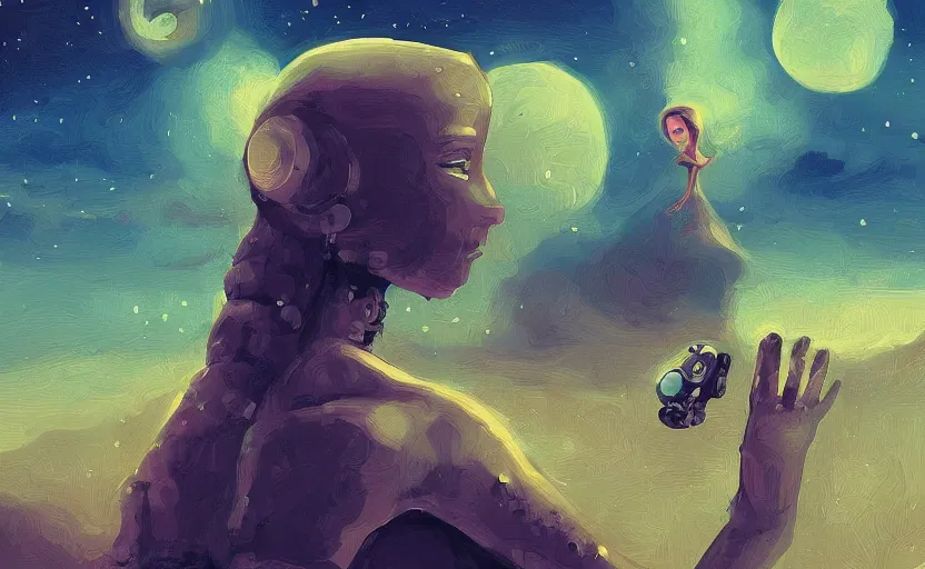 Prompt: it feels like something to be anything. Woman and her robot in a beautiful landscape. Rough strokes and grainy. Interesting colour scheme. Detailed. Beautiful digital art by artist Lurid. (2022)