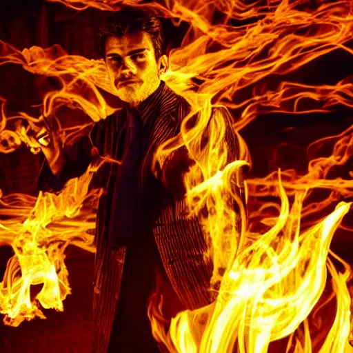 Image similar to a man holding a whip surrounded by an aura of fire