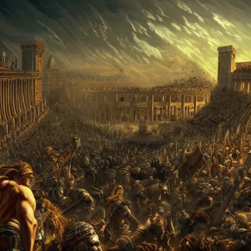 Image similar to barbarian sack of Rome, last day on earth, dynamic lighting, cinematic, establishing shot, extremely high detail, shining, photo realistic, cinematic lighting, intricate line drawings, 8k resolution