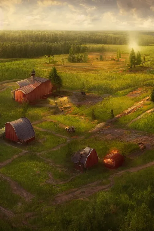 Image similar to finnish farm, summer, open wide, epic, cinematic, elegant, highly detailed, featured on artstation