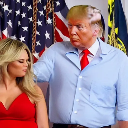 Prompt: Donald trump showing off his massive pregnant belly, side profile, his head is turned towards the camera