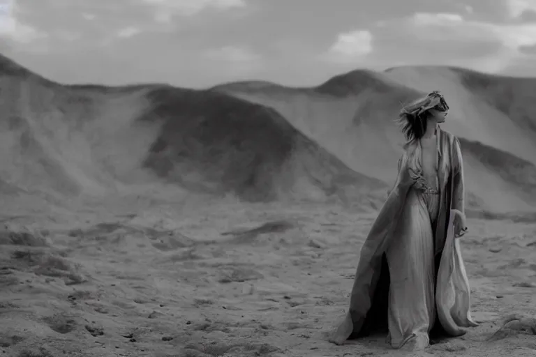 Prompt: 85mm beautiful model fashion photoshoot at the end of the world by Emmanuel Lubezki