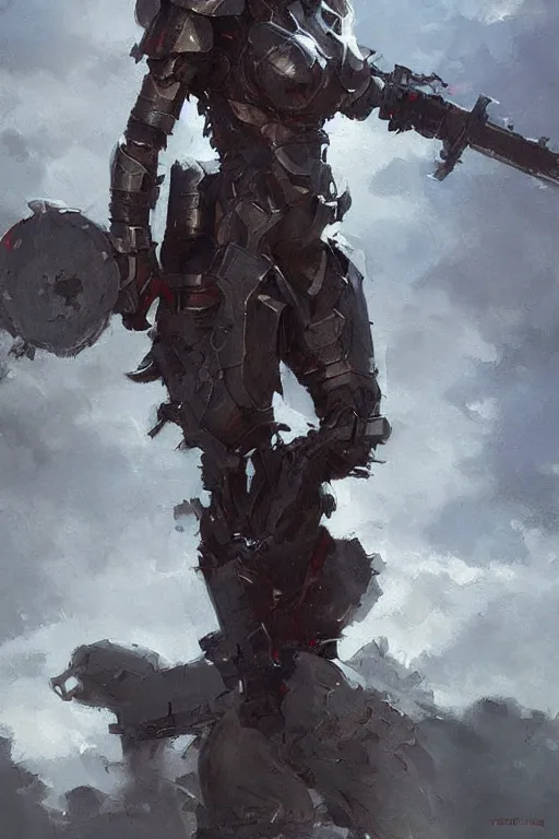 Image similar to full body girl metal armor painting by greg rutkowski