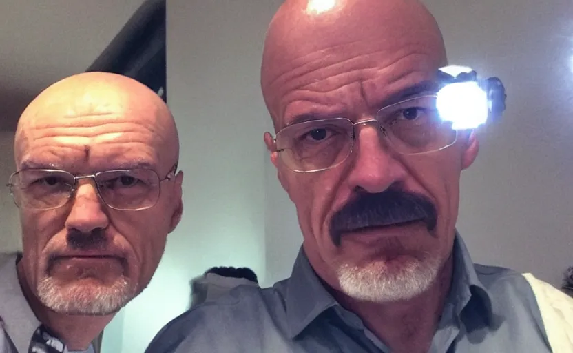 Image similar to my uncle that look like walter white if he was turkish accidentally taking a selfie, front camera, camera flash is so bright in his face, viral, selfie, viral on twitter, viral on instagram, viral photo