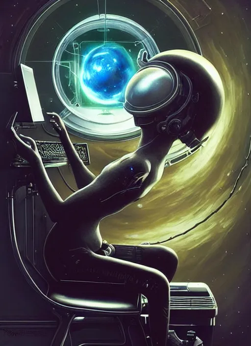 Prompt: a strange space alien seated in front of a gaming computer, playing games, cosmic horror painting, elegant intricate digital painting artstation concept art by mark brooks and brad kunkle and norman rockwell, extreme detailed