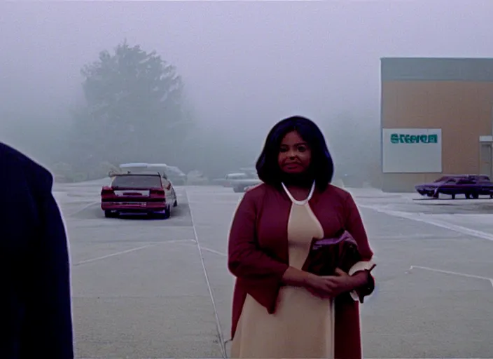 Image similar to cinematic screenshot wide shot of octavia spencer in a foggy abandoned sears parking lot, paranoia everywhere, screenshot from the tense thriller film ( 2 0 0 1 ) directed by spike jonze, volumetric hazy lighting, moody cinematography, 3 5 mm kodak color stock, 2 4 mm lens, ecktochrome