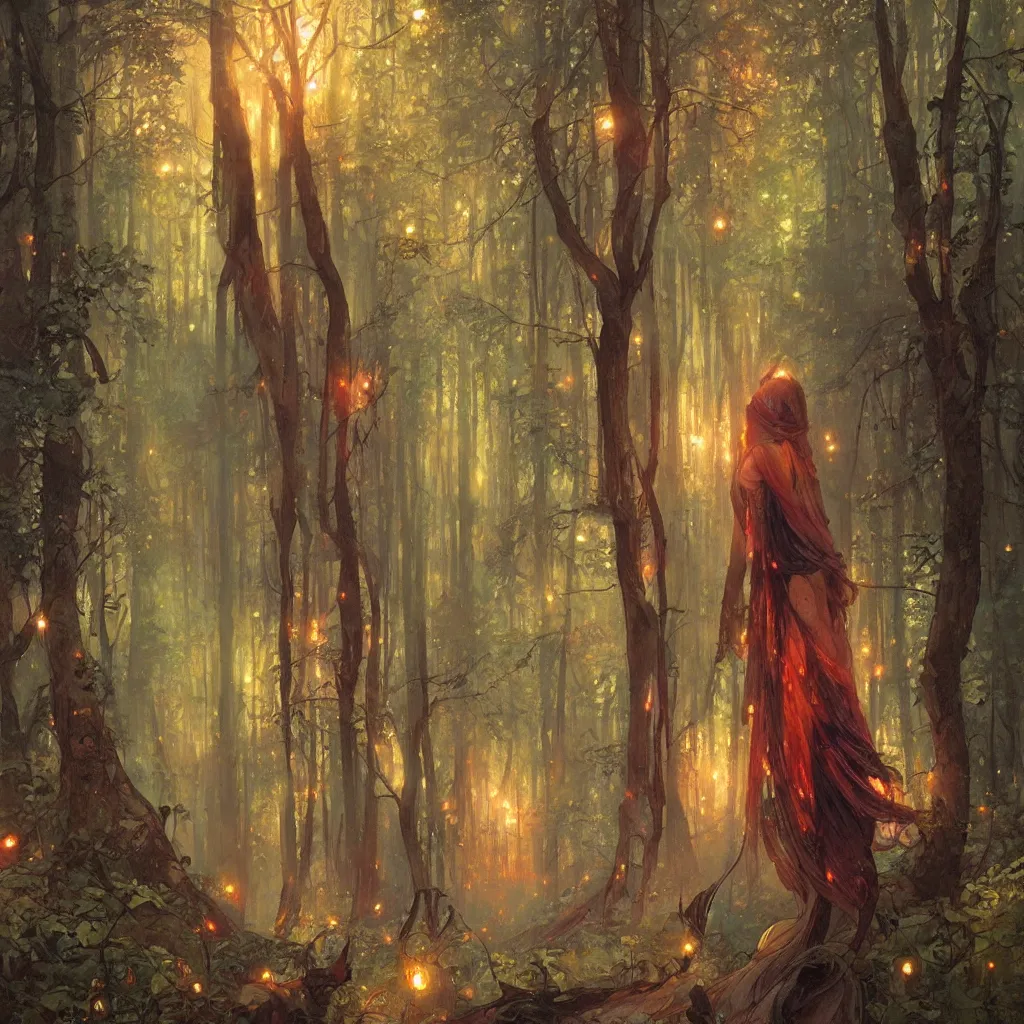 Prompt: forest, overdetailed art, by greg rutkowski, by alfons mucha, complementing colors, magic, colorful lights, fireflies, detailed illustration