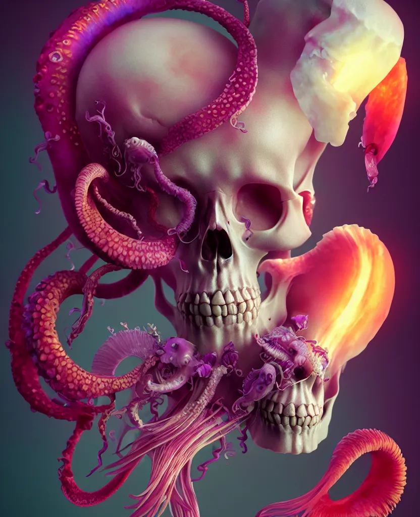 Image similar to goddess close - up portrait human skull, ram skull, squid phoenix jellyfish, orchid, betta fish, bioluminiscent, intricate artwork by tooth wu and wlop and beeple. octane render, trending on artstation, greg rutkowski very coherent symmetrical artwork. cinematic, hyper realism, high detail, octane render, 8 k