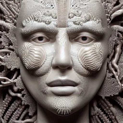 Prompt: complex 3d render ultra detailed closeup portrait of a beautiful man made from porcellain, carved facial features, nudibranch made from irridescent porcelain, distributed consciousness, biomechanical cyborg, analog, 150 mm lens, beautiful natural soft rim light, roots, fine foliage lace, ernst haeckel, chitin, visceral, art nouveau , intricate details, satin silver beautiful gold metal details, mesh wire, neri oxman, cable wires, elegant, hyper realistic, quantum computer, ultra detailed, octane render, volumetric lighting, 8k post-production, hr giger style