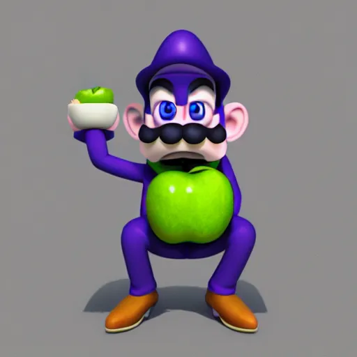 Image similar to waluigi eating apple, 3 d digital painting, cgsociety, artwork, 8 k, hyperdetalied,