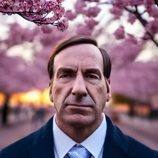 Image similar to saul goodman portrait picture by stefan kostic, golden hour, perfect symmetry, realistic, body shot, sharp focus, 8 k high definition, insanely detailed, intricate, elegant, cherry blossoms