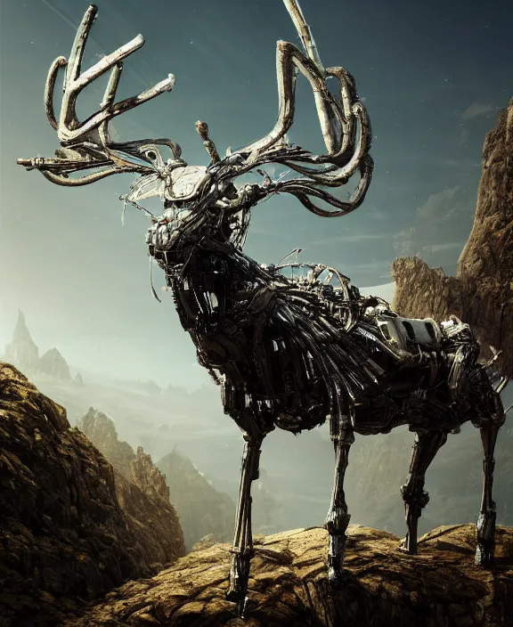 Image similar to a cybernetic reindeer standing on a hilltop, by hr giger and beksinski and stephan martiniere, 4 k resolution, detailed, 3 d render, unreal engine, octane render, trending on artstation