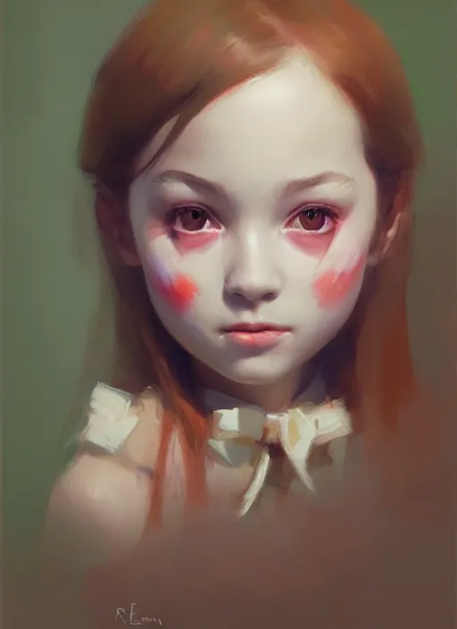 Prompt: realistic tender sweet portrait of a young cute girl with a nice circus mask, symmetrical eyes, portrait illustration, trending on artstation, characterdesign, sharp focus, illustration, art by ruan jia, ghibli, elena shumilova, leah robinson