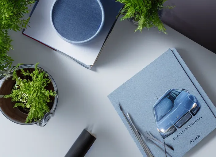 Image similar to a small miniature of a Denim Blue Audi A4 B6 on a white table near a book and a vase with a plant, 3d render, octane render, unreal engine 5, path tracing, serene landscape, calm, relaxing, beautiful landscape, highly detailed, high quality, 4k, symmetrical, low contrast