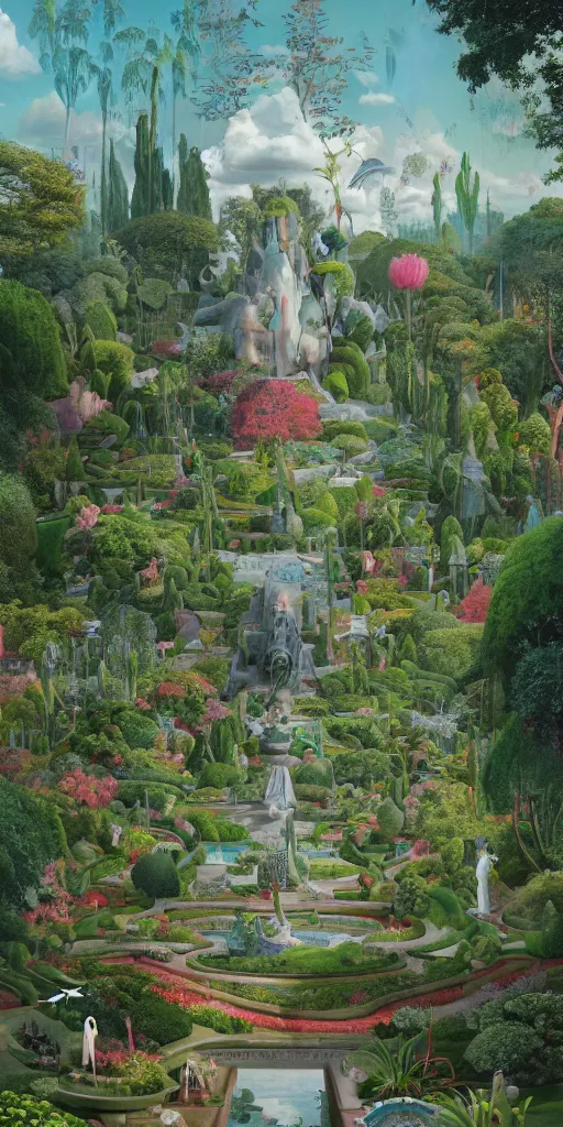 Image similar to bosch and beeple and beeple painting of a magnificent garden filled with remarkable sculptures, trees, and structures, incredible details