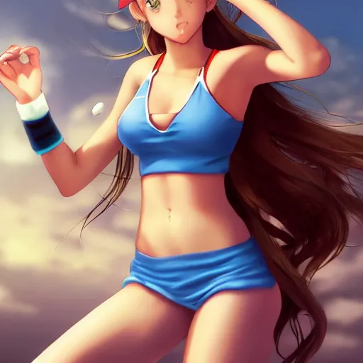 Prompt: a very beautiful proud young anime tennis girl, confident, full body, long wavy blond hair, sky blue eyes, full round face, bikini, miniskirt, front view, mid - shot, highly detailed, cinematic wallpaper by stanley artgerm lau