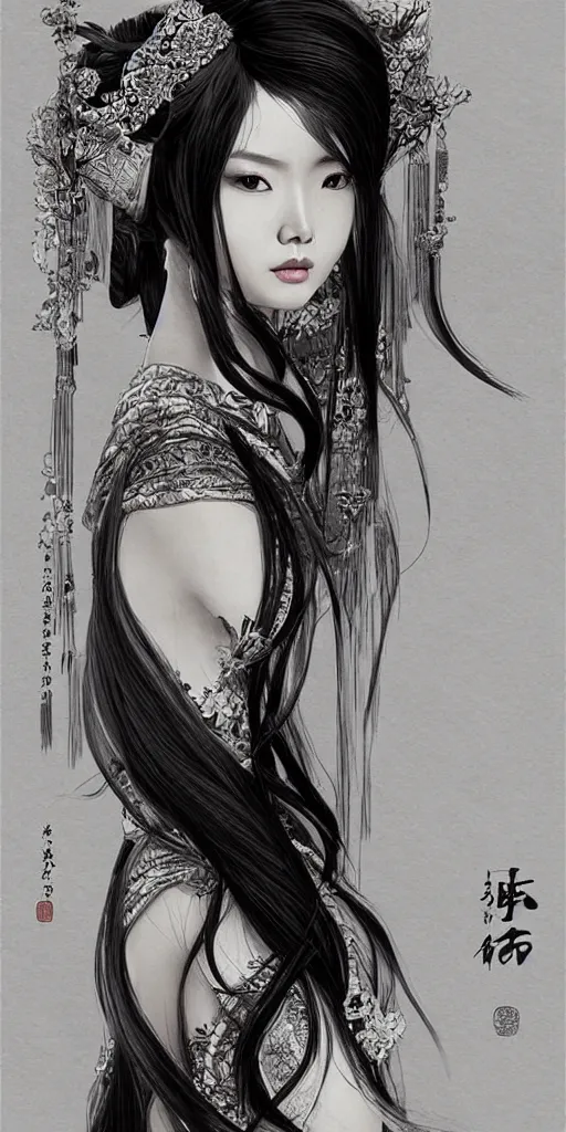 Image similar to ancient chinese princess, elegant, long black hair, highly detailed, ink painting, artstation, concept art, art by wlop