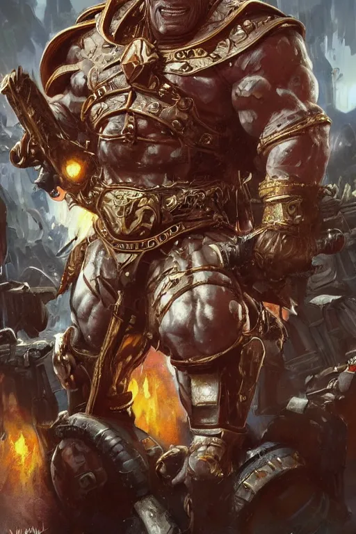 Image similar to arnold schwarzenegger as a warhammer ork boss, highly detailed, digital painting, artstation, concept art, sharp focus, illustration, art by artgerm and greg rutkowski and alphonse mucha