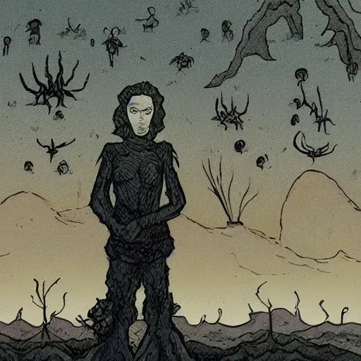 Prompt: rich details by allison bechdel. a beautiful land art of a small figure standing in the center of a dark, foreboding landscape. the figure is surrounded by strange, monstrous creatures, & there is a feeling of unease & dread.