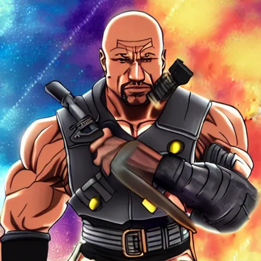 Image similar to anime portrait of dwayne johnson as barret with machine gun arm from final fantasy 7