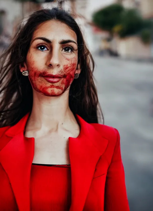 Image similar to close up portrait of beautiful 35-years-old Italian woman, wearing a red outfit, well-groomed model, candid street portrait in the style of Steve McCurry award winning