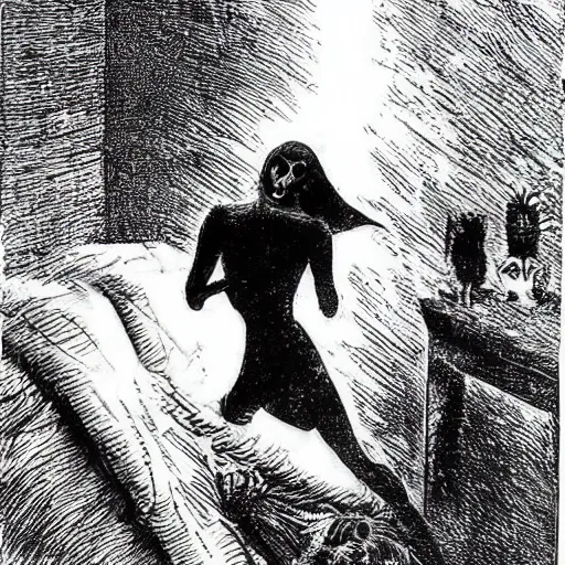 Image similar to a woman is lying in bed, asleep. suddenly, she wakes up to find a dark figure standing over her. it's a demon, come to take her soul! the woman screams and tries to run, but the demon is too fast. it catches her and drags her into the underworld, where she will be tortured for eternity.