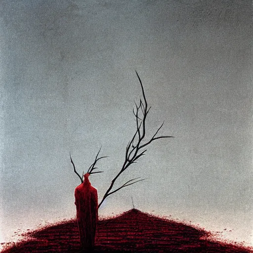 Image similar to an nondescript human, wrapped in thorns, in a desolate, charred desert, dark red, HDR, painted by zdzislaw beksinski