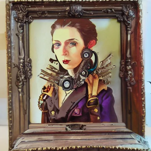 Image similar to Woman gouache self-portrait steampunk colorful technology