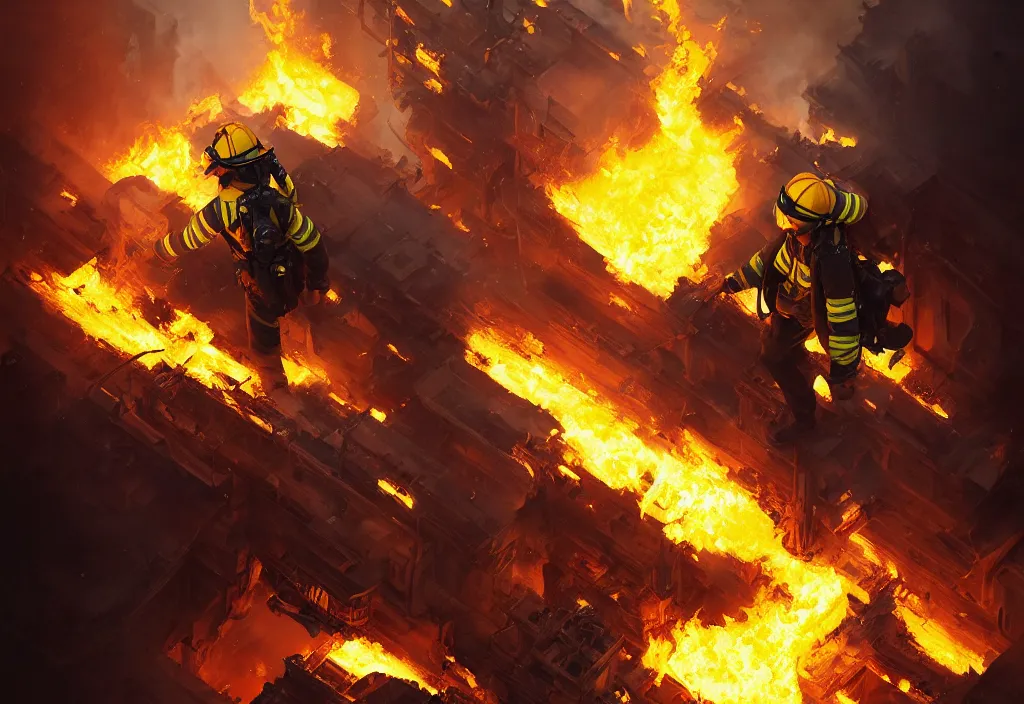 Image similar to one heroic firefighter in action in black and yellow uniform, fire flames, sharp details, sharp focus, photorealistic, octane, hyper detailed, trending on deviantart, illustration, by jordan grimmer and greg rutkowski and pine ( ハイネ ), intricate