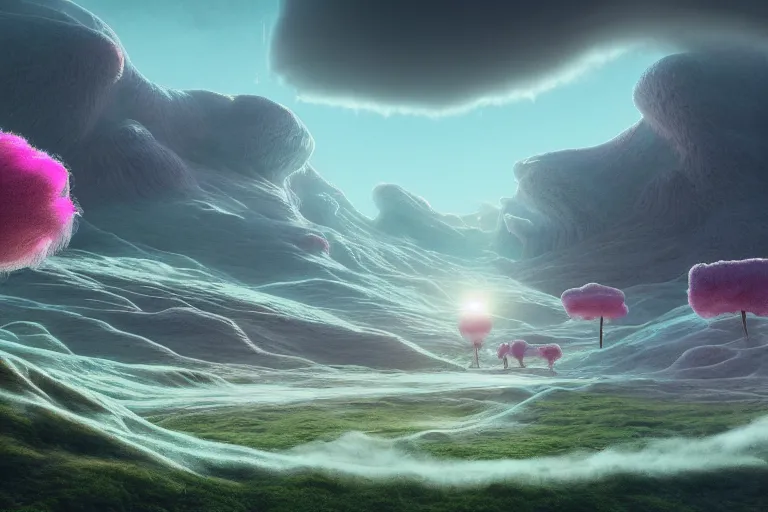 Image similar to a psychedelic realm in another dimension with rolling plains made out of clouds, mountains made out of icebergs, and plant life made out of cotton candy, in the style of wlop, illustration, epic, fantasy, hyper detailed, smooth, unreal engine, sharp focus, ray tracing