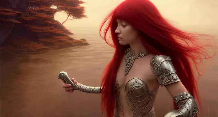 Image similar to mage floating casting, red hair straight bangs wearing ivory carved bone armor, ocean utopia, movie action still frame, ultra wide horizon, intricate, elegant, highly detailed, hyperreal highly detailed 8 k, digital painting, concept art, smooth, sharp, focus, illustration, art by artgerm, greg rutkowski, ilya kuvshinov, alphonse mucha