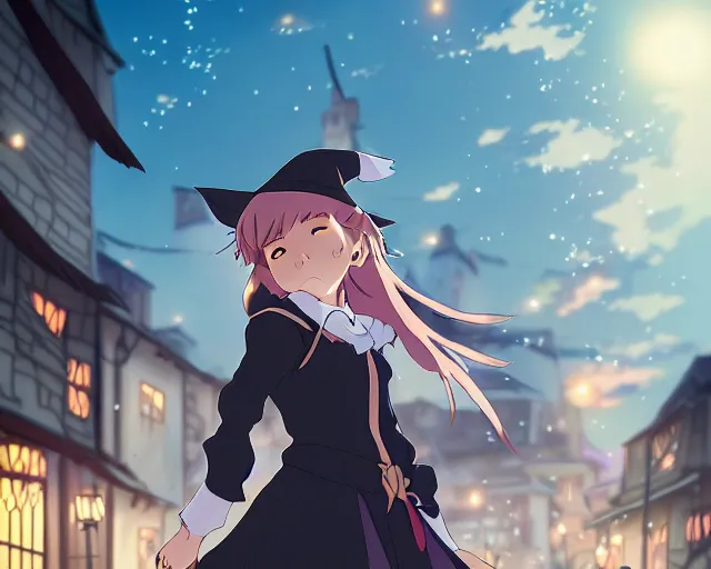 Image similar to key anime visual portrait of a young female witch walking through a busy village, dynamic pose, dynamic perspective, cinematic, dramatic lighting, muted colors, detailed silhouette, textured, finely detailed eyes, anime proportions, little witch academia