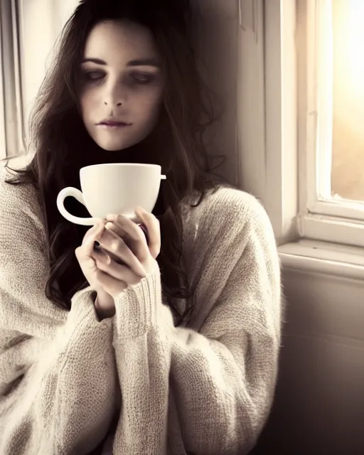 Image similar to a dreamy photograph of a pretty french girl with dark hair, wearing a loose oversized white sweater, cuddled up by a windowsill sipping a mug of tea during sunset. dramatic lighting, fantasy, intricate, elegant, highly detailed, lifelike, photorealistic, Sigma 1.6, 50mm, bokeh, HDR, high resolution, artstation, concept art, smooth, sharp focus, art by John Collier and Albert Aublet and Krenz Cushart and Artem Demura and Alphonse Mucha