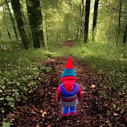 Image similar to bad quality screenshot of a leaked video of a small person dressed as gnome looking at me at a forest trail, photo taken from far away, night time, bright camera flash, camera shaking, disturbing, very scary, realistic, very disturbing, help me please im disturbed, ultrarealistic, 480p, scary