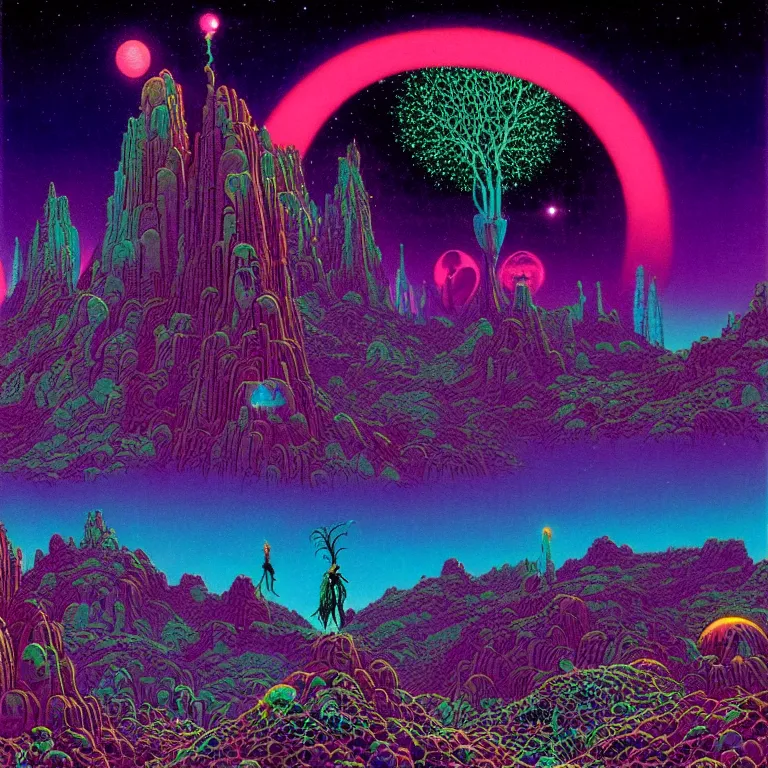 Prompt: astral projectors in mysterious desert canyon at night, infinite sky, synthwave, bright neon colors, highly detailed, cinematic, tim white, philippe druillet, roger dean, ernst haeckel, lisa frank, aubrey beardsley, kubrick, kimura, isono